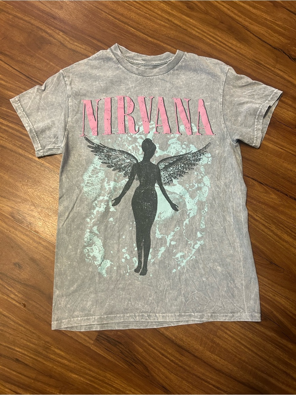 Nirvana Angel Winged Grey Mineral Wash Graphic T Pink Lettering S